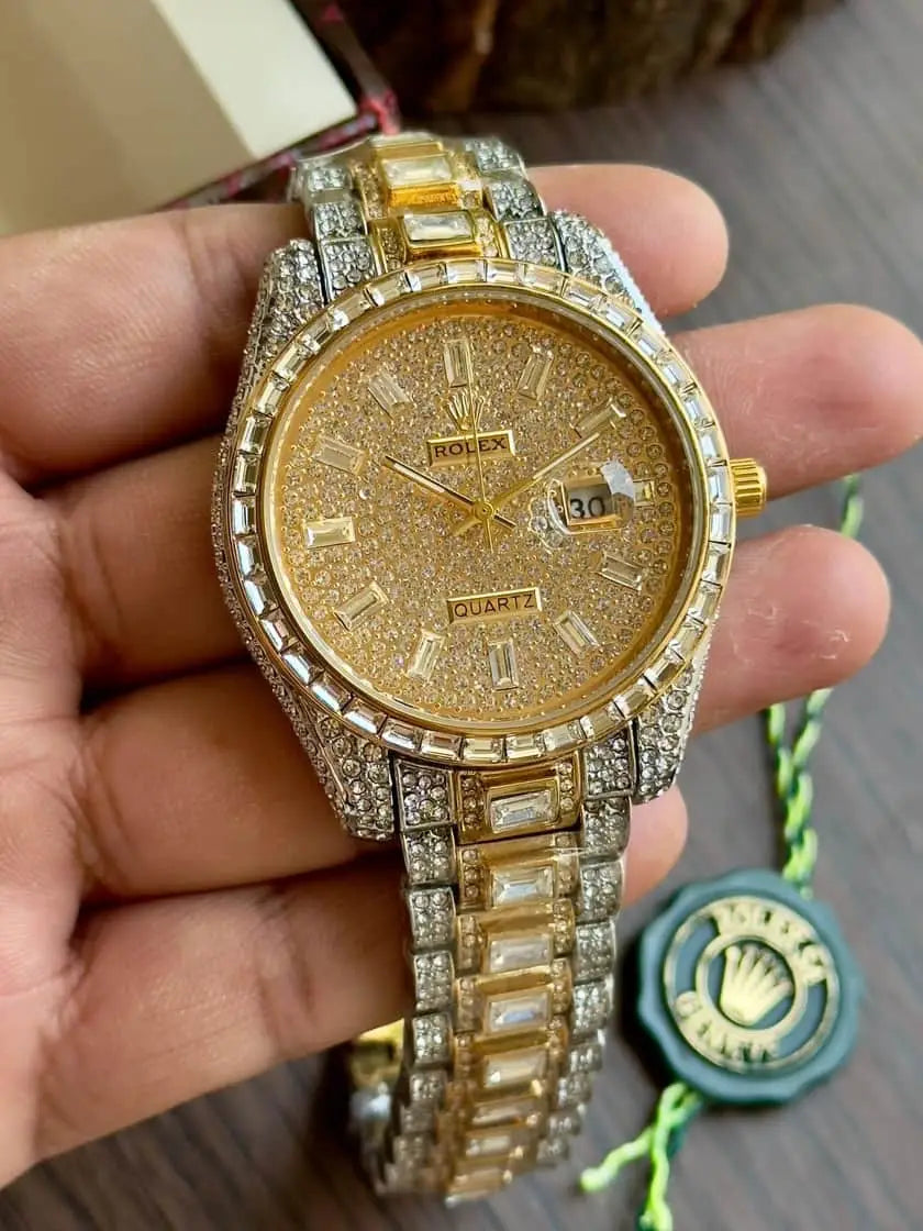 A dazzling masterpiece of luxury, this iced-out Rolex stuns with its brilliant craftsmanship and opulent gold-and-diamond design.