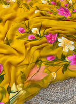 image, New Party Wear Yellow Colour Soft Pure Chiffon Handbrush Print n Handwork Fancy Designer Saree for Women