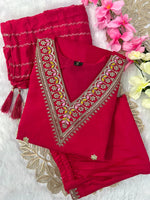 image, New Wedding Wear Red Color Roman Silk Embroidery Work Designer Straight Kurta With Trouser n Dupatta Set