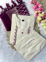 image, New Wedding Wear Off White Color Embroidery Work Designer Straight Kurta With Trouser n Dupatta Set