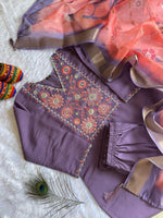 image, New Wedding Wear Violet Color Roman Silk Embroidery n Sequence Work Designer Straight Kurta With Trouser n Dupatta Set