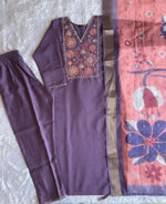 image, New Wedding Wear Violet Color Roman Silk Embroidery n Sequence Work Designer Straight Kurta With Trouser n Dupatta Set