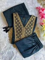 image, Latest Function Wear Teal Blue Color Cotton Embroidery n Sequence Work Designer Straight Kurta With Trouser n Dupatta Set