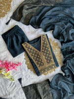 image, Latest Function Wear Teal Blue Color Cotton Embroidery n Sequence Work Designer Straight Kurta With Trouser n Dupatta Set