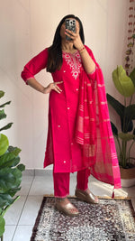 image, New Wedding Wear Pink Color Roman Silk Embroidery n Sequence Work Designer Straight Kurta With Trouser n Dupatta Set