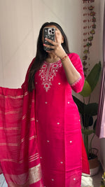 image, New Wedding Wear Pink Color Roman Silk Embroidery n Sequence Work Designer Straight Kurta With Trouser n Dupatta Set