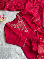 image, New Wedding Wear Pink Color Roman Silk Embroidery n Sequence Work Designer Straight Kurta With Trouser n Dupatta Set