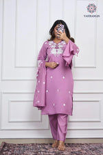 image, New Function Wear Light Wine Color Roman Silk Embroidery n Sequence Work Designer Straight Kurta With Trouser n Dupatta Set