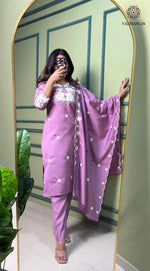 image, New Function Wear Light Wine Color Roman Silk Embroidery n Sequence Work Designer Straight Kurta With Trouser n Dupatta Set