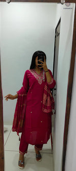 image, New Festive Wear Cherry Color Roman Silk Embroidery n Sequence Work Designer Straight Kurta With Trouser n Dupatta Set