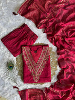 image, New Festive Wear Cherry Color Roman Silk Embroidery n Sequence Work Designer Straight Kurta With Trouser n Dupatta Set