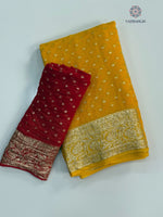 image, Gorgeous Festive Wear Yellow Color Viscose Georgette Jacquard Weaving Work Fancy Designer Saree