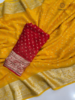 image, Gorgeous Festive Wear Yellow Color Viscose Georgette Jacquard Weaving Work Fancy Designer Saree