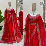 image, New Glorious Red Color Faux Georgette Sequence n Pearl Work Designer Saree Blouse With Stunner Dupatta