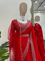 image, New Glorious Red Color Faux Georgette Sequence n Pearl Work Designer Saree Blouse With Stunner Dupatta
