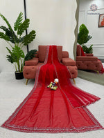 image, New Glorious Red Color Faux Georgette Sequence n Pearl Work Designer Saree Blouse With Stunner Dupatta