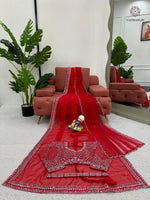 image, New Glorious Red Color Faux Georgette Sequence n Pearl Work Designer Saree Blouse With Stunner Dupatta