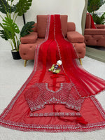 image, New Glorious Red Color Faux Georgette Sequence n Pearl Work Designer Saree Blouse With Stunner Dupatta