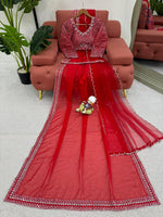 image, New Glorious Red Color Faux Georgette Sequence n Pearl Work Designer Saree Blouse With Stunner Dupatta
