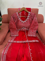 image, New Glorious Red Color Faux Georgette Sequence n Pearl Work Designer Saree Blouse With Stunner Dupatta