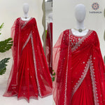 image, New Wedding Wear Glorious Red Color Faux Georgette Sequence n Pearl Work Fancy Designer Saree Blouse With Stunner Dupatta