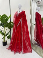 image, New Wedding Wear Glorious Red Color Faux Georgette Sequence n Pearl Work Fancy Designer Saree Blouse With Stunner Dupatta
