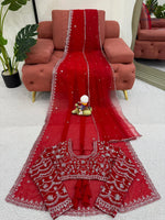 image, New Wedding Wear Glorious Red Color Faux Georgette Sequence n Pearl Work Fancy Designer Saree Blouse With Stunner Dupatta