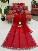 image, New Wedding Wear Glorious Red Color Faux Georgette Sequence n Pearl Work Fancy Designer Saree Blouse With Stunner Dupatta