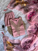 image, New Festive Wear Peach Color Roman Silk Embroidery n Sequence Work Designer Straight Kurta With Trouser n Dupatta Set