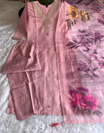 image, New Festive Wear Peach Color Roman Silk Embroidery n Sequence Work Designer Straight Kurta With Trouser n Dupatta Set