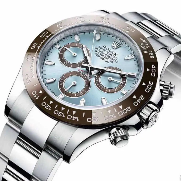 Rolex cosomograph Daytona blue dial watch with ceramic ring.