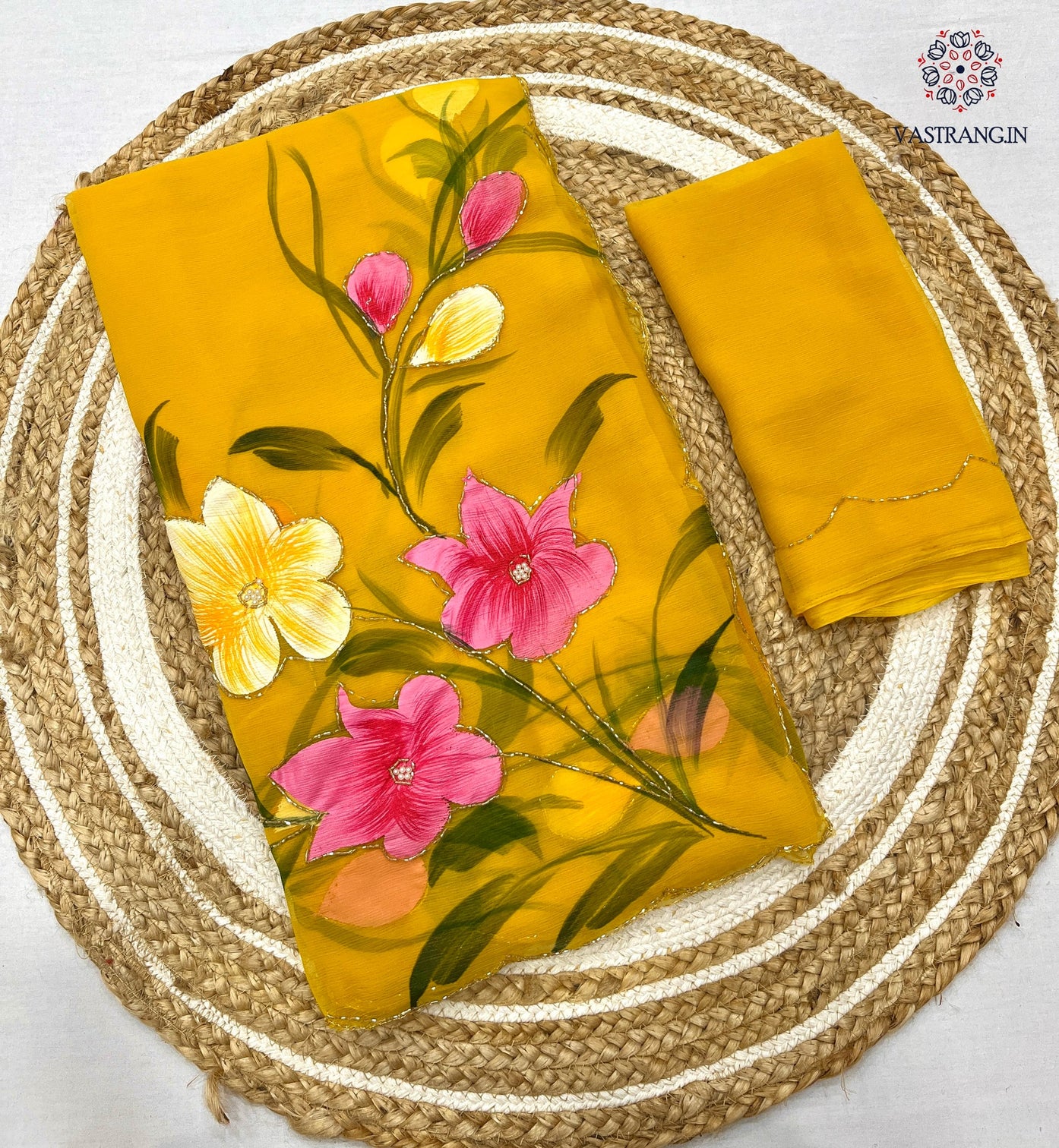 New Party Wear Yellow Colour Soft Pure Chiffon Handbrush Print n Handwork Fancy Designer Saree for Women