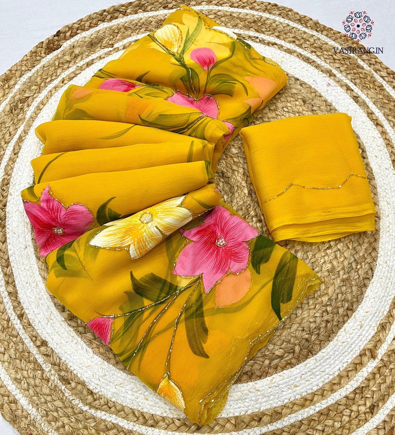 New Party Wear Yellow Colour Soft Pure Chiffon Handbrush Print n Handwork Fancy Designer Saree for Women