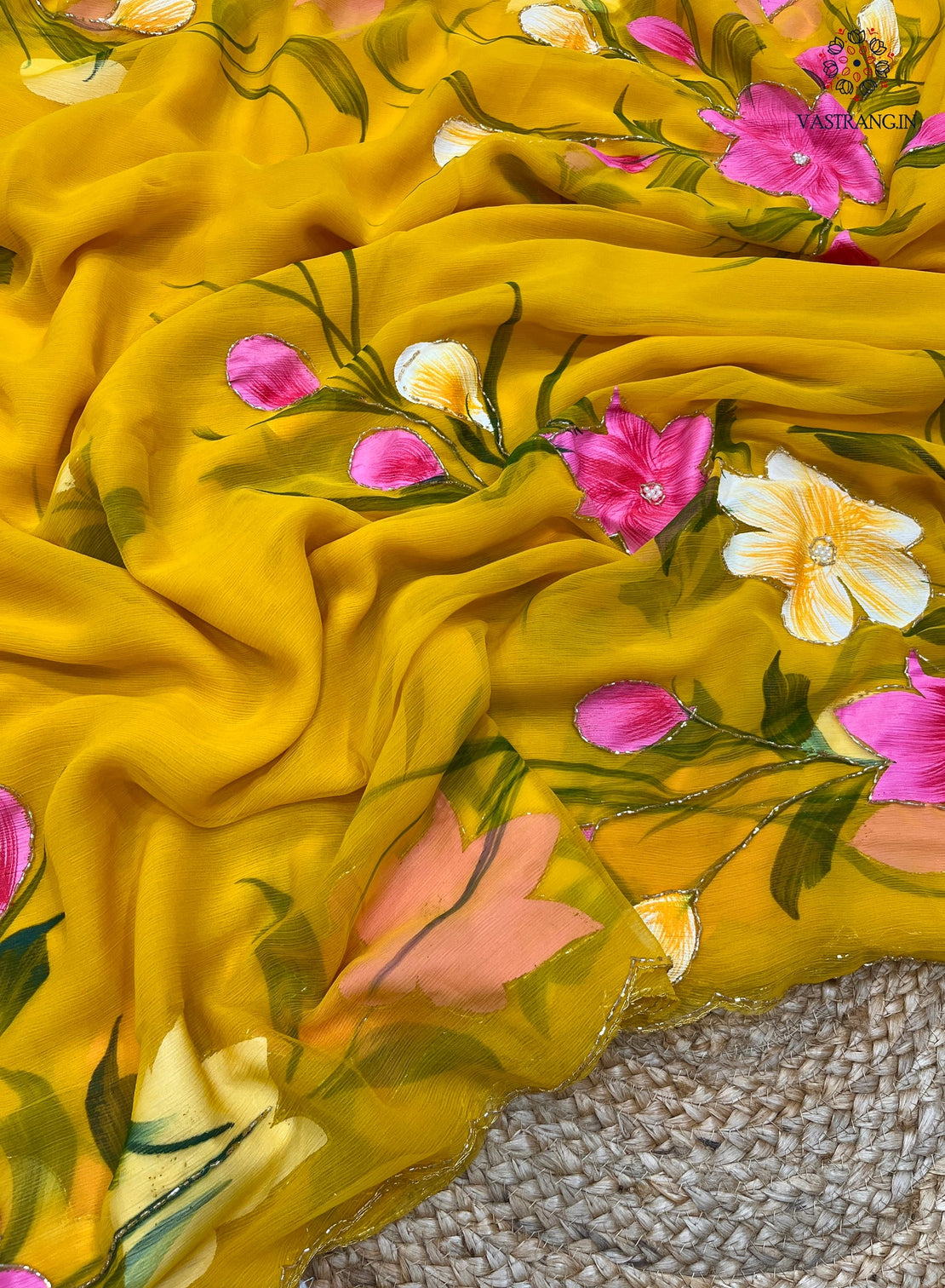 New Party Wear Yellow Colour Soft Pure Chiffon Handbrush Print n Handwork Fancy Designer Saree for Women