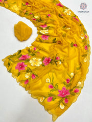 New Party Wear Yellow Colour Soft Pure Chiffon Handbrush Print n Handwork Fancy Designer Saree for Women