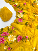image, New Party Wear Yellow Colour Soft Pure Chiffon Handbrush Print n Handwork Fancy Designer Saree for Women
