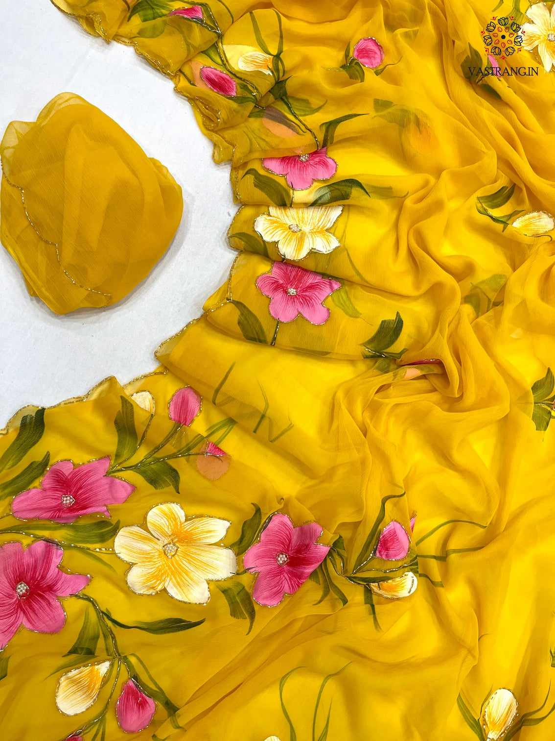 New Party Wear Yellow Colour Soft Pure Chiffon Handbrush Print n Handwork Fancy Designer Saree for Women