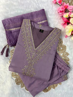 image, New Wedding Wear Lavender Color Roman Silk Embroidery Work Designer Straight Kurta With Trouser n Dupatta Set
