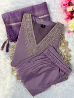 image, New Wedding Wear Lavender Color Roman Silk Embroidery Work Designer Straight Kurta With Trouser n Dupatta Set
