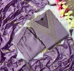image, New Wedding Wear Lavender Color Roman Silk Embroidery Work Designer Straight Kurta With Trouser n Dupatta Set
