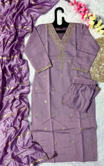 image, New Wedding Wear Lavender Color Roman Silk Embroidery Work Designer Straight Kurta With Trouser n Dupatta Set
