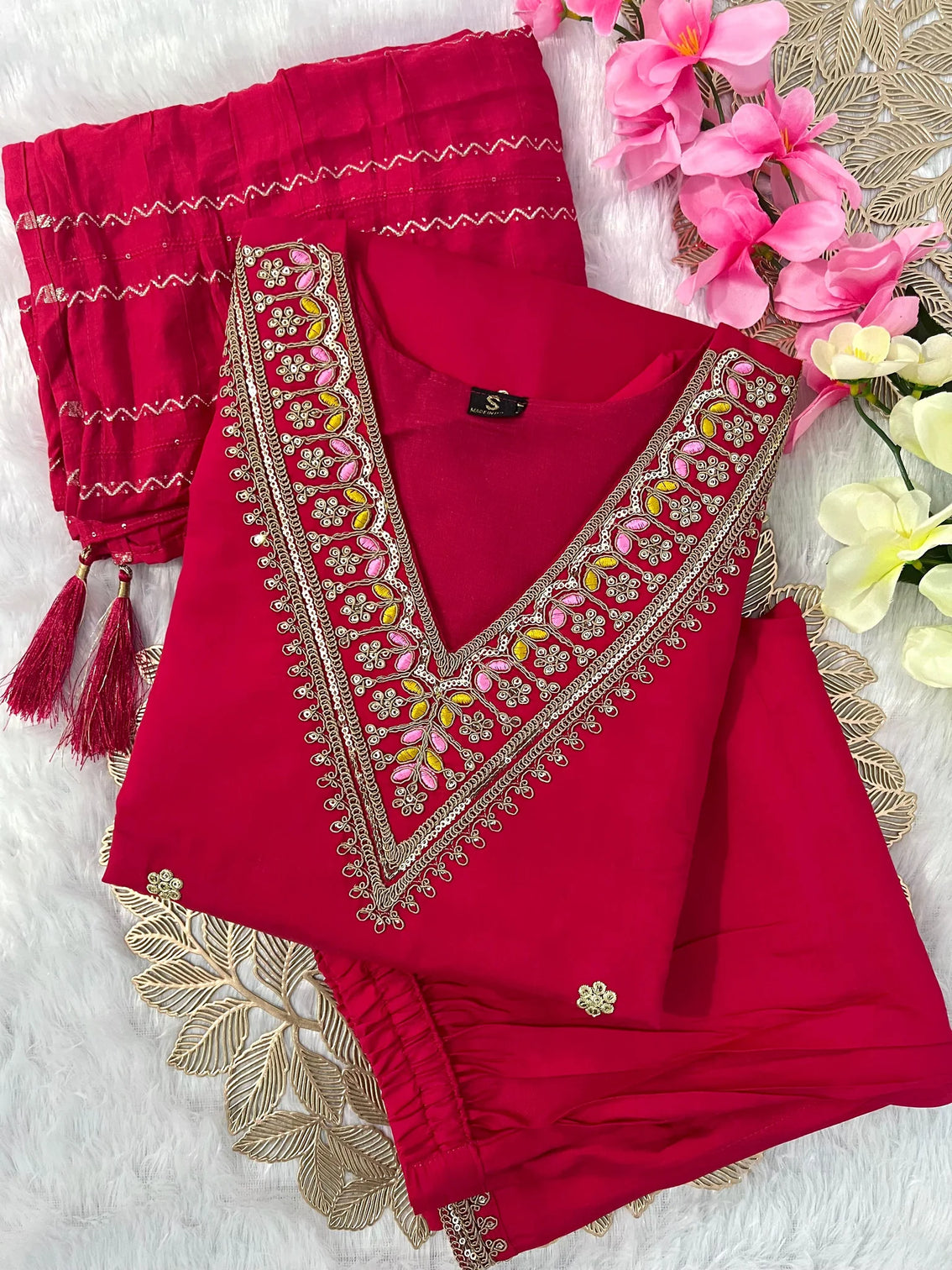 New Wedding Wear Red Color Roman Silk Embroidery Work Designer Straight Kurta With Trouser n Dupatta Set