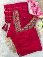 image, New Wedding Wear Red Color Roman Silk Embroidery Work Designer Straight Kurta With Trouser n Dupatta Set
