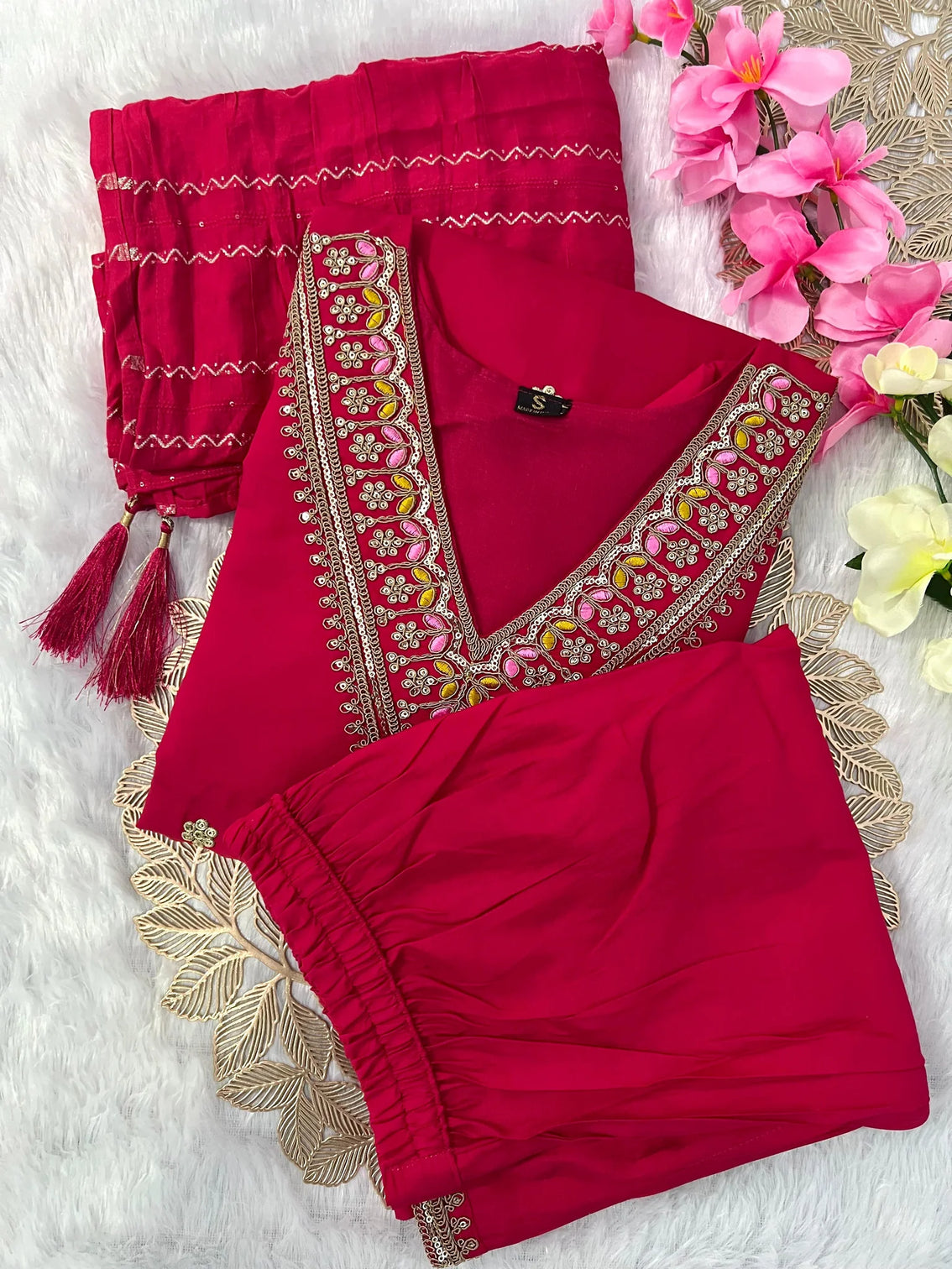 New Wedding Wear Red Color Roman Silk Embroidery Work Designer Straight Kurta With Trouser n Dupatta Set