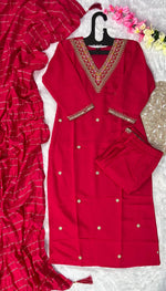 image, New Wedding Wear Red Color Roman Silk Embroidery Work Designer Straight Kurta With Trouser n Dupatta Set
