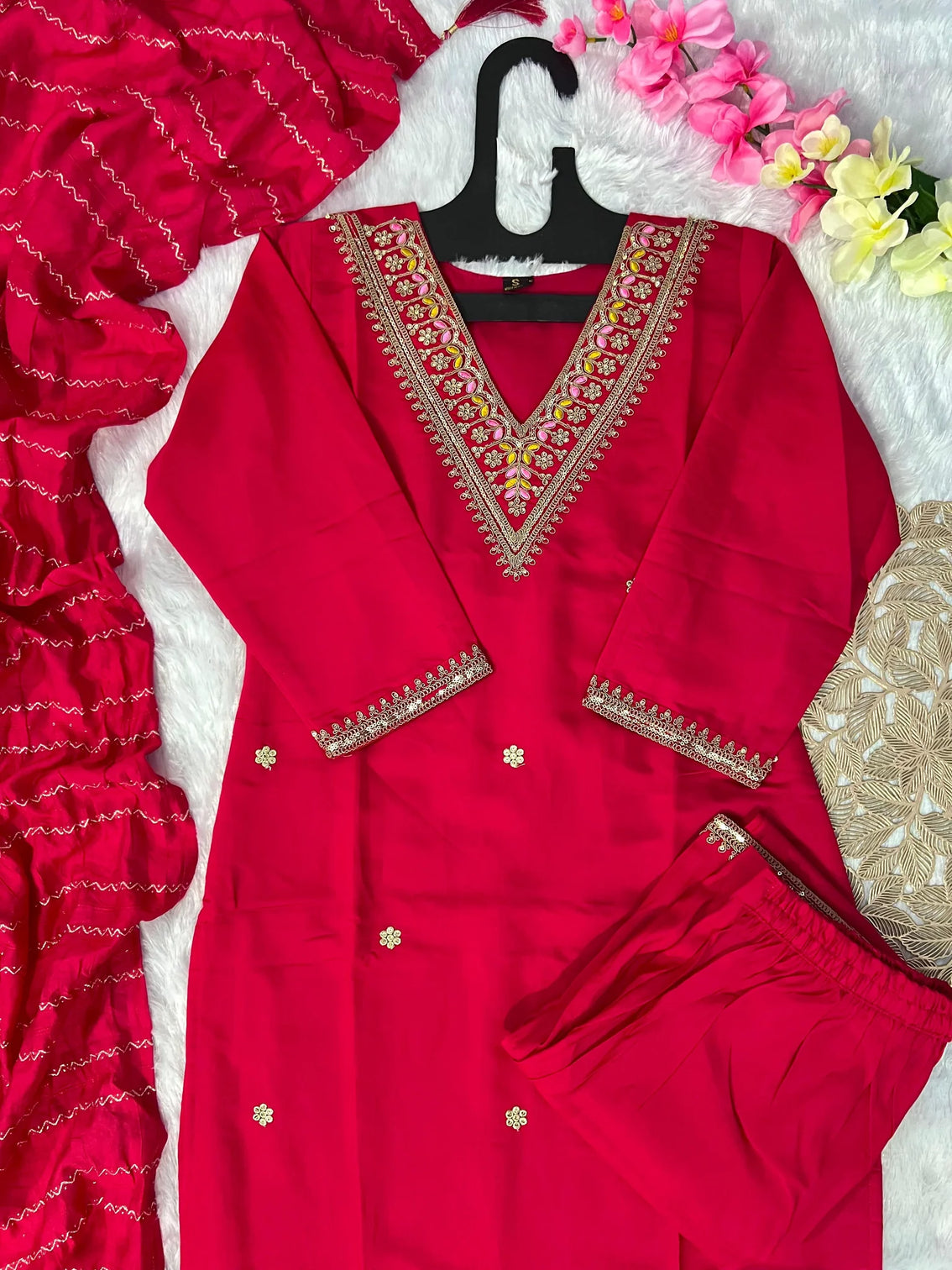 New Wedding Wear Red Color Roman Silk Embroidery Work Designer Straight Kurta With Trouser n Dupatta Set