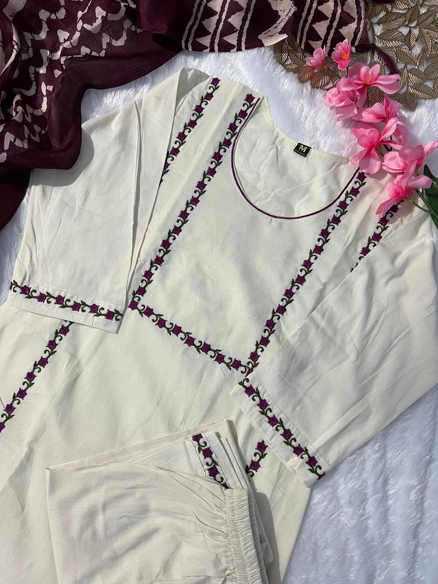New Function Wear Off White Color Embroidery Work Designer Straight Kurta With Trouser n Dupatta Set