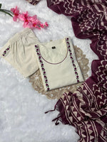 image, New Function Wear Off White Color Embroidery Work Designer Straight Kurta With Trouser n Dupatta Set
