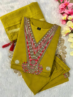 image, New Wedding Wear Dark Mustard Color Roman Silk Embroidery Work Designer Straight Kurta With Trouser n Dupatta Set
