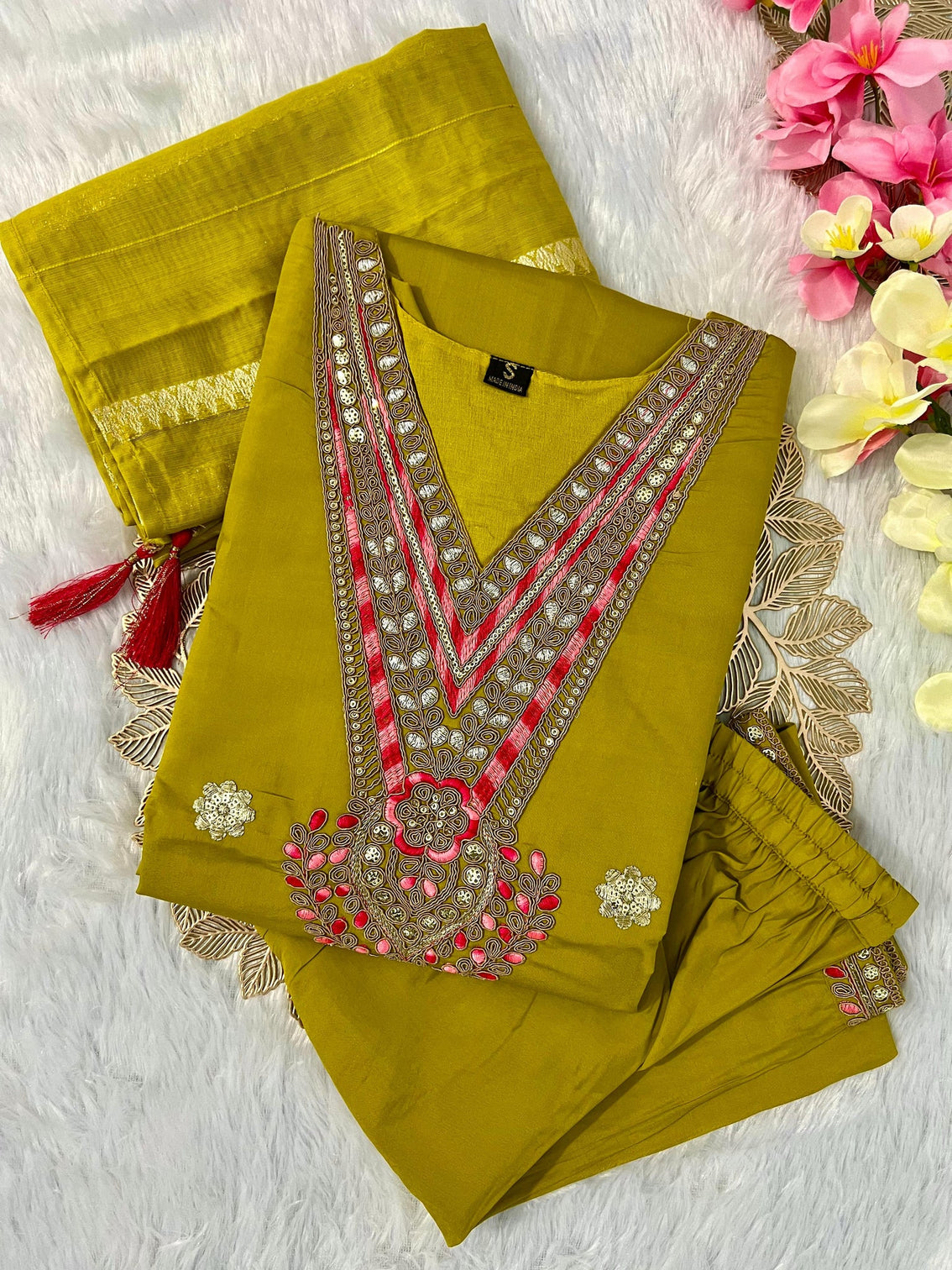 New Wedding Wear Dark Mustard Color Roman Silk Embroidery Work Designer Straight Kurta With Trouser n Dupatta Set